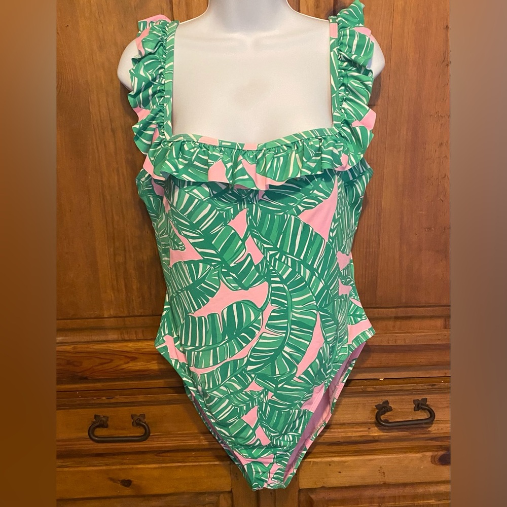 Lilly Pulitzer Green Palm Leaf One-Piece Swimsuit with Pink Accents - Picture 2 of 12